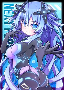 absurdres aijiro83 black_bodysuit blue_background blue_eyes blush bodysuit breasts choujigen_game_neptune commentary highres large_breasts long_hair looking_at_viewer neptune_(series) next_purple power_symbol power_symbol-shaped_pupils purple_heart_(neptunia) reaching reaching_towards_viewer shin_jigen_game_neptune_vii smile symbol-shaped_pupils