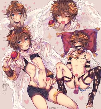 2boys ahoge anal angel_wings artist_name blue_eyes brown_hair censored crossed_bangs dated disembodied_penis fellatio gem hands_on_another&#039;s_cheeks hands_on_another&#039;s_face head_wreath heart heart_censor highres holding holding_gem kamochiru kid_icarus multiple_boys multiple_views nintendo nipples one_eye_closed oral penis pillow pit_(kid_icarus) sex thighhighs torn_clothes torn_thighhighs vambraces wings yaoi