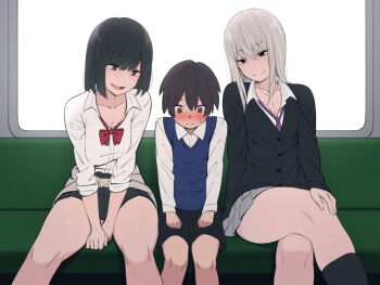 1boy 2girls age_difference black_eyes black_hair blush breasts crossed_legs embarrassed grey_hair jewelry kemuri_haku large_breasts long_hair looking_down meme multiple_girls necklace onee-shota ribbon sandwiched school_uniform shorts shota sitting size_difference skirt sweat sweater thighs train vest
