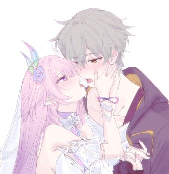 1boy 1girl after_kiss bare_shoulders black_jacket blush breasts caelus_(honkai:_star_rail) collarbone cyrene_(honkai:_star_rail) cyrene_(ripples_of_past_reverie)_(honkai:_star_rail) eye_contact feint721 fingernails flower grey_hair hair_between_eyes hair_flower hair_ornament hand_on_another&#039;s_face hetero honkai:_star_rail honkai_(series) jacket long_hair looking_at_another medium_breasts nail_polish open_mouth pink_hair pink_nails pointy_ears purple_eyes purple_flower purple_rose rose saliva saliva_trail simple_background tongue tongue_out trailblazer_(honkai:_star_rail) upper_body veil white_background white_veil yellow_eyes