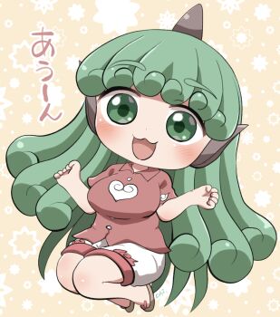 1girl :3 :d blush breasts brown_sandals chibi chibi_only collared_shirt commentary_request curly_hair full_body green_eyes green_hair hands_up highres horns komainu_ears komainu_girl komano_aunn long_hair looking_at_viewer open_mouth red_shirt rokugou_daisuke sandals shirt short_sleeves shorts signature single_horn smile solo touhou translation_request white_shorts yellow_background