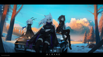 Rule 34 | 3girls, absurdres, animal ears, antlers, belt, belt buckle, black belt, black footwear, black jacket, black legwear, black shorts, blue sky, boots, breasts, brown eyes, brown hair, buckle, car, closed mouth, cloud, commentary request, copyright name, crossed arms, day, head tilt, highres, horns, jacket, lace-up boots, letterboxed, long hair, long sleeves, looking at viewer, motor vehicle, multiple girls, on car, open clothes, open jacket, outdoors, pantyhose, pine tree, pixiv fantasia, pixiv fantasia 1, pixiv fantasia last saga, shirt, short shorts, shorts, sitting, sky, small breasts, snow, standing, storia, thighhighs, tree, white hair, white shirt