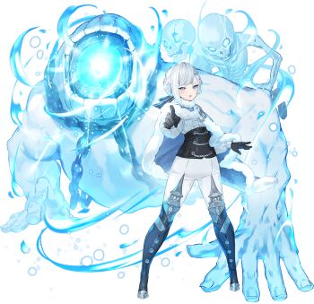 1girl akershus_fortress_(oshiro_project) badge black_boots black_corset black_gloves blue_bow blue_cape blue_eyes blush bodysuit bone boots bow braid cape center_frills chain corset frilled_shirt frills full_body fur-trimmed_cape fur_trim gloves grey_hair hair_bow hair_ornament long_sleeves looking_at_viewer monster open_mouth oshiro_project:re pointing pointing_at_viewer shirt skeleton solo thigh_boots tight_clothes white_bodysuit white_shirt