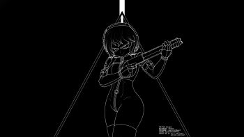 1girl absurdres angry beyond_citadel black_background breasts cocking_gun commentary commission crotch_strap english_commentary glaring gloves gun headset highres holding holding_gun holding_weapon lineart looking_at_viewer martyr_(the_citadel) medium_breasts monochrome navel pump_action revealing_clothes short_hair shotgun solo the_citadel thighhighs weapon zzsark