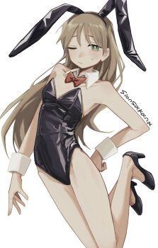 1girl animal_ear_hairband animal_ears artist_name black_leotard black_shoes bow bowtie breasts brown_hair collarbone commentary_request detached_collar fake_animal_ears green_eyes hairband hand_on_own_hip high_heels highres leotard long_hair looking_at_viewer one_eye_closed original playboy_bunny rabbit_ear_hairband rabbit_ears red_bow red_bowtie shoes simple_background sionsakana small_breasts solo strapless strapless_leotard white_background wrist_cuffs