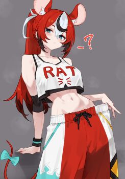 1girl ? absurdres alternate_costume animal_ears black_hair blue_eyes bluefield bow breasts closed_mouth clothes_pull clothes_writing colored_tips commentary crossed_bangs double-parted_bangs expressionless extra_ears grey_background hair_between_eyes hakos_baelz highres hololive hololive_english long_hair looking_at_viewer medium_breasts midriff mouse_ears mouse_girl mouse_tail multicolored_hair multicolored_shorts navel ponytail print_tank_top pulling_own_clothes red_hair red_shorts shorts shorts_pull simple_background solo streaked_hair tail tail_bow tail_ornament tank_top toned toned_female virtual_youtuber white_hair white_shorts white_tank_top