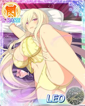 Rule 34 | 1girl, :d, aphrodisiac, aquarius (symbol), aries (symbol), aroused, babydoll, bed, bed sheet, blonde hair, blush, breasts, cancer (symbol), capricorn (symbol), card (medium), character name, come hither, dodecagram, drugged, floral print, gas, gemini (symbol), groin, hair between eyes, heart-shaped bottle, heavy lens flare, huge breasts, leg lift, lens flare, leo (senran kagura), leo (symbol), libra (symbol), light particles, long hair, looking at viewer, love potion, lying, navel, official art, on bed, on side, open mouth, panties, pillow, pisces (symbol), purple eyes, sagittarius (symbol), school emblem, scorpio (symbol), seductive smile, senran kagura, senran kagura new wave, smile, solo, sparkle, spread legs, taurus (symbol), underwear, very long hair, virgo (symbol), yellow babydoll, yellow panties, zodiac wheel