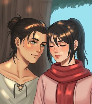 1boy 1girl black_hair breasts brown_hair cardigan closed_eyes couple eren_yeager facial_scar green_eyes grey_shirt hair_between_eyes hair_bun hetero highres karikasarin light_blush long_hair looking_at_another medium_breasts medium_hair mikasa_ackerman pink_cardigan ponytail red_scarf scar scar_on_cheek scar_on_face scarf shingeki_no_kyojin shirt tree under_tree upper_body