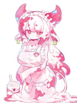 Rule 34 | 1girl, :/, animal ears, apron, blunt bangs, blush, blush stickers, breasts, cleavage, clenched hands, collarbone, colored skin, cow earrings, cow ears, cow girl, cow horns, cow tail, cream, curvy, dissolving, double-parted bangs, dripping, expressionless, frilled apron, frills, hand on own arm, hand on own thigh, highres, horns, iridescent, jitome, large breasts, long hair, looking at viewer, maid headdress, melting, multicolored hair, naked apron, original, pastel colors, pink eyes, pink horns, pink skin, solo, standing, streaked hair, sweatdrop, swept bangs, tail, thick eyebrows, thick eyelashes, thick thighs, thighs, two-tone hair, uenomigi, wet, wet apron, wet clothes, white background, white skin, yellow pupils, yogurt