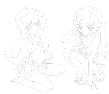 Rule 34 | 1girl, absurdres, apron, arm at side, arm support, armpits, arms on head, back bow, bare arms, barefoot, blood, blood from mouth, blush stickers, bow, bow apron, collarbone, fang, fingernails, flipped hair, from side, full body, hair between eyes, hair flaps, hand to own mouth, head bump, heart (organ), highres, kneeling, knees up, legs together, lineart, long fingernails, long hair, looking at viewer, monogatari (series), multiple views, object on lap, oshino shinobu, pleated skirt, raised inner eyebrows, ribs, ringed eyes, sandals, shishirui san, simple background, sitting, skirt, slit pupils, smile, square neckline, tongue, tongue out, very long hair, waist bow, white background, wiping sweat