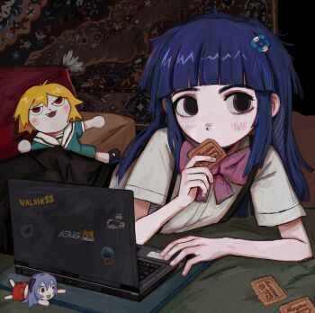 1girl absurdres blue_hair blunt_bangs blush bow character_doll computer cracker doll eating facial_hair fffkorobka food furude_rika goatse hanyuu highres higurashi_no_naku_koro_ni houjou_satoko laptop long_hair printer purple_eyes saltine school_uniform shark_fin shirt solo sonic_(series) sticker suspenders tails_(sonic) wallpaper_(object) white_shirt