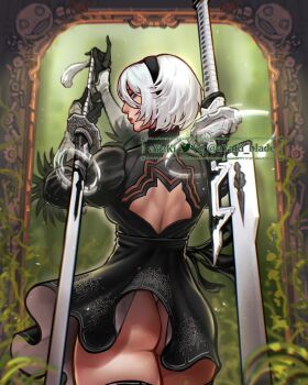 1girl 2b_(nier:automata) ass ayaki_blade back_cutout black_dress black_gloves black_hairband black_thighhighs blue_eyes breasts cameo clothing_cutout dress emil_(nier) feather-trimmed_sleeves flat_ass floating floating_object floating_sword floating_weapon from_behind gloves hairband highres huge_weapon leotard leotard_under_clothes looking_at_viewer looking_back medium_breasts mole mole_under_mouth nier:automata nier_(series) no_blindfold no_bra post-apocalypse short_hair shoulder_blades solo sword thick_thighs thighhighs thighs thong_leotard toned toned_female virtuous_contract virtuous_treaty weapon weapon_on_back white_leotard wind wind_lift