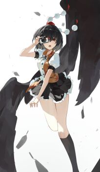 Rule 34 | 1girl, absurdres, bird wings, black feathers, black hair, black ribbon, black skirt, black socks, black wings, brown eyes, camera, chinese commentary, commentary request, falling feathers, feathers, frilled skirt, frills, hat, highres, holding, holding camera, kenkxx, kneehighs, leg up, long legs, looking at viewer, miniskirt, multicolored shirt, multicolored skirt, neck ribbon, open mouth, pom pom (clothes), puffy short sleeves, puffy sleeves, red hat, ribbon, shameimaru aya, shirt, short sleeves, skirt, socks, solo, taking picture, tokin hat, touhou, white shirt, wings
