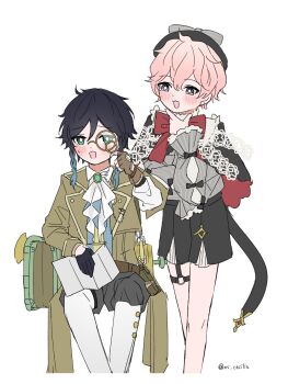 Rule 34 | 2boys, alternate costume, artist name, beret, black bow, black capelet, black gloves, black hat, bow, bowtie, brown jacket, capelet, dahlia (genshin impact), fingerless gloves, genshin impact, gloves, hair between eyes, hat, highres, holding, jacket, long sleeves, monocle, multiple boys, ns cecilia, pantyhose, pink hair, puffy sleeves, red bow, red bowtie, shirt, short hair, shorts, simple background, sleeve bow, venti (genshin impact), white background, white pantyhose, white shirt