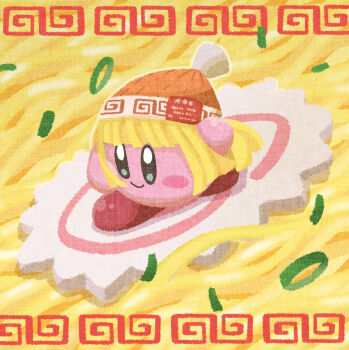 arms_(game) aruco_co blonde_hair blush blush_stickers closed_mouth commentary_request copy_ability food full_body hat highres kamaboko kirby kirby_(series) min_min_(arms) narutomaki nintendo no_humans noodles orange_hat oversized_food oversized_object ramen smile solo spring_onion super_smash_bros.