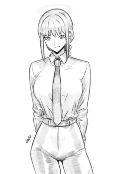 1girl breasts chainsaw_man closed_mouth collared_shirt graphicthereal greyscale high-waist_pants highres long_hair long_sleeves looking_at_viewer makima_(chainsaw_man) monochrome necktie pants shirt sidelocks smile solo