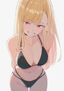 1girl absurdres arms_behind_back bare_shoulders blonde_hair blush breasts cleavage collarbone cowboy_shot eyelashes ganetto29 highres kitagawa_marin large_breasts long_hair navel parted_lips red_eyes simple_background smile solo sono_bisque_doll_wa_koi_wo_suru white_background