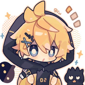 ... 1boy :o animal armband artist_name badtz-maru bird black_jacket blonde_hair blue_eyes blush_stickers bright_pupils chibi chinese_commentary clenched_hands commentary_request earrings hair_between_eyes hair_ornament hairclip hood hood_up hooded_jacket jacket jewelry kagamine_len long_sleeves loose_hair_strand male_focus messy_hair multicolored_jacket open_mouth orange_outline outline puffy_long_sleeves puffy_sleeves sanrio short_hair sparkle speech_bubble spoken_ellipsis surprised two-tone_jacket upper_body vocaloid white_armband white_background white_pupils x_hair_ornament xianyu_fish yellow_jacket