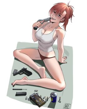 Rule 34 | 1girl, absurdres, ammunition, artist name, asymmetrical bangs, bare shoulders, barefoot, beretta 92, blush, breasts, bullet, cleavage, collarbone, commentary, crop top, english commentary, feet, full body, gun, hair between eyes, handgun, highres, holding, holding gun, holding weapon, impossible clothes, impossible shirt, large breasts, legs, long hair, looking at viewer, magazine (weapon), messy hair, nail polish, navel, on ground, original, panties, pink hair, puto trash, red nails, red panties, shadow, shirt, sitting, solo, tank top, teeth, toenail polish, toenails, toes, underwear, uneven eyes, weapon, white background, white tank top