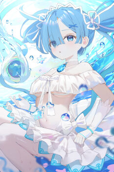 1girl :o absurdres akatsuki_(m12778387) alternate_costume alternate_hair_length alternate_hairstyle bikini bikini_skirt blue_eyes blue_hair blush bow breasts bubble choker elbow_gloves eyes_visible_through_hair fingerless_gloves frilled_bikini frills gem gloves hair_ornament hair_over_one_eye hair_ribbon highres jewelry long_hair looking_at_viewer medium_breasts navel off-shoulder_bikini off_shoulder parted_lips re:zero_kara_hajimeru_isekai_seikatsu rem_(re:zero) ribbon skirt solo swimsuit twintails underboob white_bikini white_choker white_gloves white_ribbon x_hair_ornament