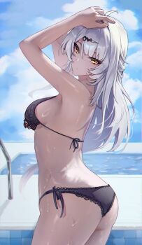1girl a-chuang absurdres ahoge alternate_breast_size_(smaller) ass back bikini black_bikini breasts commentary_request from_side highres long_hair looking_at_viewer medium_breasts pool poolside sideboob solo swimsuit thighs wet white_hair yellow_eyes yixuan_(zenless_zone_zero) zenless_zone_zero