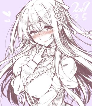 Rule 34 | 1girl, 2017, amakano, blush, breasts, closed mouth, commentary request, dated, grey background, greyscale, hair between eyes, hand up, large breasts, long hair, looking at viewer, monochrome, official art, piromizu, simple background, sketch, solo, takayashiro sayuki