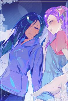 2girls absurdres black_hair blue_overalls blush bubibuub closed_eyes crescent_print eyes_visible_through_hair hair_over_one_eye hairband hashtag-only_commentary highres hood hoodie indigo_keen_(rainbow_bubblegem) long_hair long_sleeves multiple_girls open_mouth overalls pink_shirt purple_hair purple_hoodie purple_star_(rainbow_bubblegem) rainbow_bubblegem shirt short_sleeves smile star_hairband