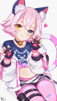 1girl :3 animal_ear_fluff animal_ears bell belt black_choker black_gloves black_shirt black_shorts blue_eyes blush cat_ears cat_girl cat_tail catrin_glitch choker claw_pose closed_mouth collarbone commentary cowboy_shot crop_top fingerless_gloves fortnite gloves hair_between_eyes hands_up head_tilt heart heterochromia highres jacket jacket_partially_removed kurerin medium_hair midriff multiple_thigh_straps navel neck_bell pantyhose pink_hair pink_pantyhose shirt shorts signature simple_background smile solo striped_tail tail thigh_belt thigh_strap track_jacket white_background white_jacket yellow_eyes