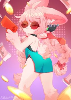 1girl :3 absurdres animal_ear_fluff animal_ear_piercing animal_ears banknote blue_dress body_fur braid china_dress chinese_clothes chinese_commentary closed_mouth coin commentary_request dress from_behind furry furry_female gun hair_ornament highres holding holding_gun holding_weapon long_hair looking_at_viewer looking_back mixed-language_commentary money pink_fur pink_hair rabbit_ears rabbit_girl rabbit_tail red-tinted_eyewear red_eyes round_eyewear sakneko sleeveless sleeveless_dress smile solo sphere_hair_ornament tail tinted_eyewear twin_braids very_long_hair weapon zenless_zone_zero zhao_(zenless_zone_zero)