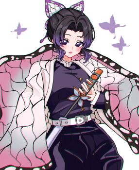 Rule 34 | 1girl, absurdres, animal print, black hair, black jacket, black pants, blush, breasts, butterfly hair ornament, butterfly print, butterfly print haori, colored tips, cowboy shot, demon slayer uniform, drawing sword, gold buttons, gradient hair, hair ornament, hakama, hakama pants, haori, highres, holding, holding sword, holding weapon, jacket, japanese clothes, kimetsu no yaiba, kochou shinobu, medium breasts, medium hair, miovartz, multicolored hair, pants, parted bangs, print haori, purple eyes, purple hair, sidelocks, solo, sword, updo, weapon, white background
