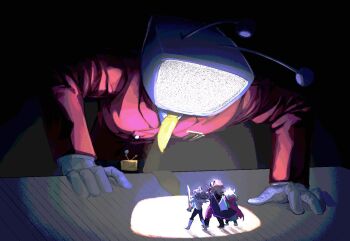 1girl 1other 2boys ant_tenna black_background deltarune giant gloves holding holding_sword holding_weapon jacket kris_(dark_world)_(deltarune) kris_(deltarune) leaning multiple_boys necktie object_head ocohc pink_scarf ralsei red_jacket scarf size_difference spotlight standing static susie_(dark_world)_(deltarune) susie_(deltarune) sword television utdr_(toby_fox) weapon white_gloves yellow_necktie