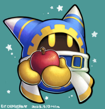 1boy apple commentary_request dated demerin disembodied_hand food fruit gloves green_background holding holding_food holding_fruit kirby_(series) magolor male_focus nintendo rayman_limbs signature solid_oval_eyes solo star_(symbol) yellow_eyes yellow_gloves
