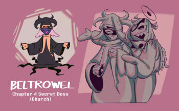 1boy 1girl deltarune dress halo halojack_(huecycles) highres huecycles long_skirt multicolored_eyes original priest sharp_teeth skirt standing teeth utdr_(toby_fox)