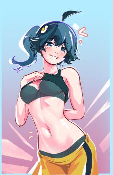 1girl :d ahoge araragi_karen arm_behind_back armpits azmcch bare_arms bare_shoulders black_bra black_eyes black_hair black_panties black_tank_top blue_border blush border bra breasts cleavage clothes_lift colored_shadow commentary cowboy_shot drop_shadow egg_hair_ornament english_commentary food-themed_hair_ornament fried_egg grin groin hair_flaps hair_ornament head_tilt highres lifting_own_clothes long_hair looking_at_viewer lowleg lowleg_shorts medium_breasts midriff monogatari_(series) naughty_face navel nisemonogatari no_jacket notice_lines open_mouth outside_border panties parted_lips pink_background shadow shirt_lift shorts side_ponytail single_vertical_stripe smile solo standing tank_top toned toned_female underwear yellow_shorts