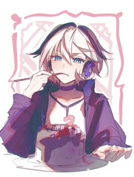 1girl birthday birthday_cake blue_eyes cake cake_slice cevio ci_flower eating flower_(vocaloid) food fruit hand_on_table happy_birthday headphones highres holding_utensil jacket karanagare multicolored_hair purple_jacket purple_streaks shirt short_hair solo strawberry streaked_hair two-tone_hair upper_body vocaloid white_background white_hair white_shirt