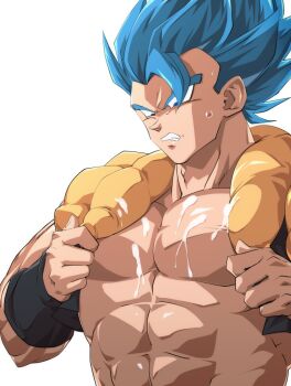 1boy abs bare_pectorals black_vest blue_eyes blue_hair clenched_teeth cum cum_on_body cum_on_chest cum_on_clothes cum_on_male cum_on_pectorals cum_on_upper_body dragon_ball dragon_ball_super dragon_ball_super_broly from_side gogeta hands_up looking_down loose_hair_strand male_focus metamoran_vest muscular muscular_male oguri_shun pectorals pulling_own_clothes shirtless_male short_hair simple_background sleeveless solo spiked_hair sweatdrop teeth upper_body vest white_background wristband yaoi