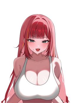 1girl :3 akane_lize arms_at_sides artist_request blush breasts cleavage colored_inner_hair commentary_request corrupted_twitter_file fang grey_eyes hair_intakes highres huge_breasts korean_commentary long_hair looking_at_viewer multicolored_hair open_mouth red_hair second-party_source shiny_skin simple_background solo sports_bra stellive straight_hair streaked_hair sweat upper_body virtual_youtuber white_background white_sports_bra wispy_bangs