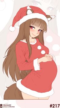 1girl absurdres animal_ears big_belly blush brown_hair christmas commentary ears_through_headwear english_commentary fang hat highres holo likunea long_hair looking_at_viewer patreon_logo patreon_username pregnant red_eyes santa_costume santa_hat sidelocks simple_background solo spice_and_wolf tail twitter_username twitter_x_logo wolf_ears wolf_girl wolf_tail zoom_layer