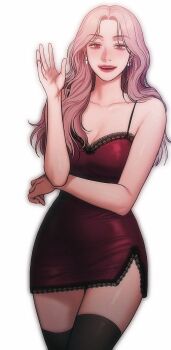 Rule 34 | 1girl, bad thinking diary, black socks, closed mouth, dress, hand up, highres, long hair, oh hyera, pink hair, red dress, red eyes, simple background, smile, socks, solo, suspenders, very long hair, white background
