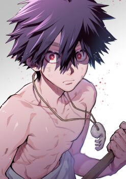 1boy closed_mouth hair_between_eyes kbr_oekaki kemono_jihen kusaka_kabane male_focus red_eyes short_hair solo toned toned_male topless_male white_background
