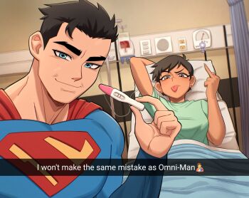 1boy 1girl bed black_hair blue_eyes breasts brown_eyes cape dark-skinned_female dark_skin dc_comics earrings english_text highres hospital_bed invincible_(series) jewelry lois_lane medium_breasts middle_finger muscular muscular_male my_adventures_with_superman pillow pregnancy_test short_hair smile superman superman_(series) xabelha