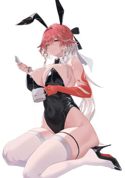 1girl absurdres alternate_costume animal_ears bare_shoulders black_bow black_leotard black_shoes bow braid breasts changli_(wuthering_waves) chinese_commentary closed_mouth collar colored_extremities commentary_request cup detached_collar fake_animal_ears hair_between_eyes hair_bow hair_extensions hair_intakes high_heels highleg highleg_leotard highres holding holding_cup holding_tube huge_breasts leien-l leotard long_hair looking_at_viewer multicolored_hair orange_eyes partial_commentary pink_hair playboy_bunny rabbit_ears red_hands ring_hair_extensions shoes smile solo strapless strapless_leotard thighhighs thighs twin_braids two-tone_hair very_long_hair white_collar white_hair white_thighhighs wing_collar wuthering_waves