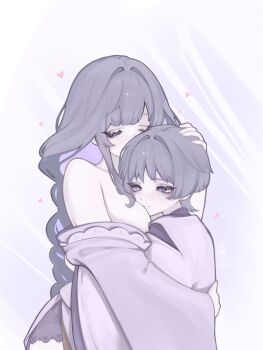 1boy 1girl ange510763 bare_shoulders between_breasts blunt_bangs blunt_ends braid breasts closed_eyes closed_mouth clothing_cutout colored_inner_hair commentary eyelashes face_between_breasts face_to_breasts facing_another fingernails genshin_impact grey_hair hair_intakes hand_on_another&#039;s_back head_between_breasts headpat heart height_difference highres hug incest japanese_clothes kariginu kimono large_breasts layered_sleeves lingerie long_hair long_sleeves looking_at_another low-braided_long_hair low-tied_long_hair mole mole_under_eye mother_and_son multicolored_hair off_shoulder purple_eyes purple_hair purple_kimono purple_nails purple_sleeves raiden_shogun scaramouche_(genshin_impact) scaramouche_(kabukimono)_(genshin_impact) short_kimono shoulder_cutout simple_background single_sidelock smile streaked_hair swept_bangs symbol-only_commentary tsurime underwear wide_sleeves wispy_bangs