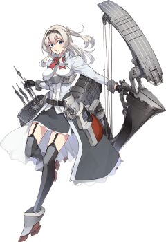 1girl arrow_(projectile) bad_link belt black_belt black_gloves black_skirt blue_eyes bow bow_(weapon) breasts compound_bow flower full_body garter_straps glorious_(kancolle) gloves grey_hair grey_thighhighs jacket kantai_collection konishi_(koconatu) machinery medium_breasts military_uniform official_art one_side_up parted_lips quiver red_bow red_flower red_rose rose skirt smile smokestack solo thighhighs tiara transparent_background weapon white_jacket