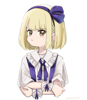 1girl alice_margatroid alice_margatroid_(pc-98) blonde_hair blue_hairband blue_ribbon blush center_frills commentary cropped_torso crossed_arms frilled_sailor_collar frilled_wristband frills frown hairband looking_at_viewer neck_ribbon ribbon sailor_collar shirt short_hair simple_background solo suspenders touhou touhou_(pc-98) twitter_username upper_body white_background white_shirt yellow_eyes yugiri_(yugiri_picture)