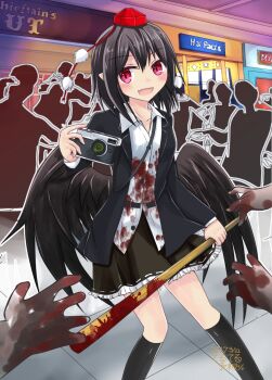Rule 34 | 1girl, 6+others, baseball bat, belt, bird wings, black belt, black hair, black jacket, black skirt, black socks, blood, blood on clothes, bloody weapon, blush, buttons, collarbone, collared shirt, commentary request, dead rising, fang, feathered wings, frilled skirt, frills, hat, holding, holding baseball bat, jacket, multiple others, open mouth, red eyes, red hat, ribbon-trimmed skirt, ribbon trim, shameimaru aya, shirt, skirt, socks, solo focus, teruteruyohou, tokin hat, touhou, untucked shirt, weapon, white shirt, wings, zombie