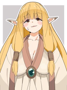 1girl blonde_hair blush border breasts cleavage collarbone commentary_request elf eyelashes gem green_gem grey_background highres large_breasts long_hair looking_at_viewer noyama_takenoko open_mouth outline outside_border pointy_ears raised_eyebrow serie_(sousou_no_frieren) smile solo sousou_no_frieren standing sweatdrop upper_body white_border white_outline yellow_eyes
