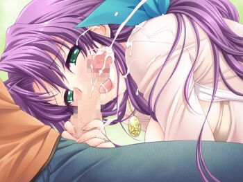 1boy 1girl ahoge aoi_sakura_(tsuma_shibori) breasts cum cum_on_body facial fellatio from_side game_cg green_eyes hair_ribbon kuroda_akimi large_breasts licking licking_penis long_hair looking_at_viewer non-web_source official_art oral parted_bangs penis projectile_cum purple_hair ribbon tsuma_shibori tsumamigui_(series)