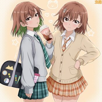2girls asymmetrical_bangs bag bag_charm brown_cardigan brown_eyes brown_hair brown_skirt cardigan charm_(object) clone collared_shirt colored_inner_hair commentary_request crossed_bangs cup disposable_cup don_quijote_(store) drink drinking drinking_straw earrings floating_earrings frown green_hair green_nails green_necktie green_skirt grey_cardigan gyaru hair_ornament hairclip hands_on_own_hips highres holding holding_drink jewelry looking_at_viewer medium_hair miniskirt misaka_imouto misaka_mikoto multicolored_hair multiple_girls necktie official_alternate_costume plaid_clothes plaid_necktie plaid_skirt school_bag shirt signature simple_background skirt star_(symbol) star_earrings striped_clothes striped_necktie toaru_kagaku_no_railgun toaru_majutsu_no_index two-tone_hair umaruli_1225 white_shirt