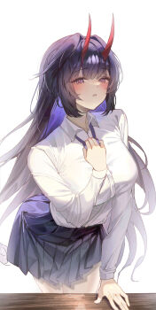 Rule 34 | 1girl, alternate costume, blush, breasts, collared shirt, colored inner hair, commentary, english commentary, hair intakes, highres, honkai (series), honkai impact 3rd, horns, jinnnnnn23, large breasts, leaning, long hair, multicolored hair, parted lips, pleated skirt, purple eyes, purple hair, raiden mei, raiden mei (herrscher of thunder), red horns, shirt, shirt tug, simple background, skirt, very long hair, white background, white shirt